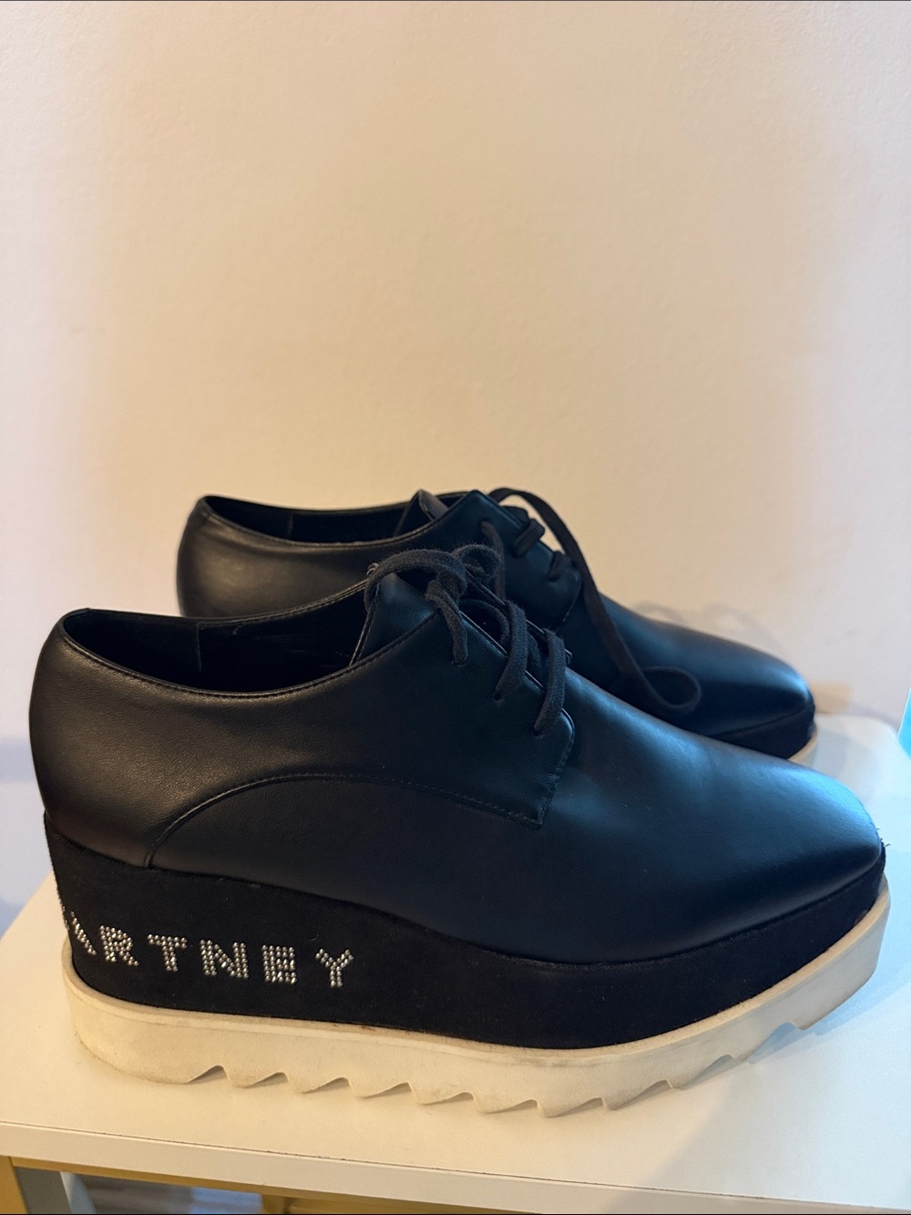 Stella McCartney Black Platform Lace-Up Oxfords with Embellished Branding